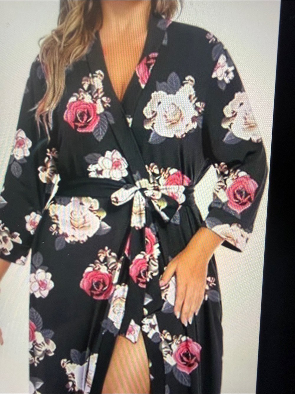 Black Floral Wrap Robe with Pink & Peach Roses